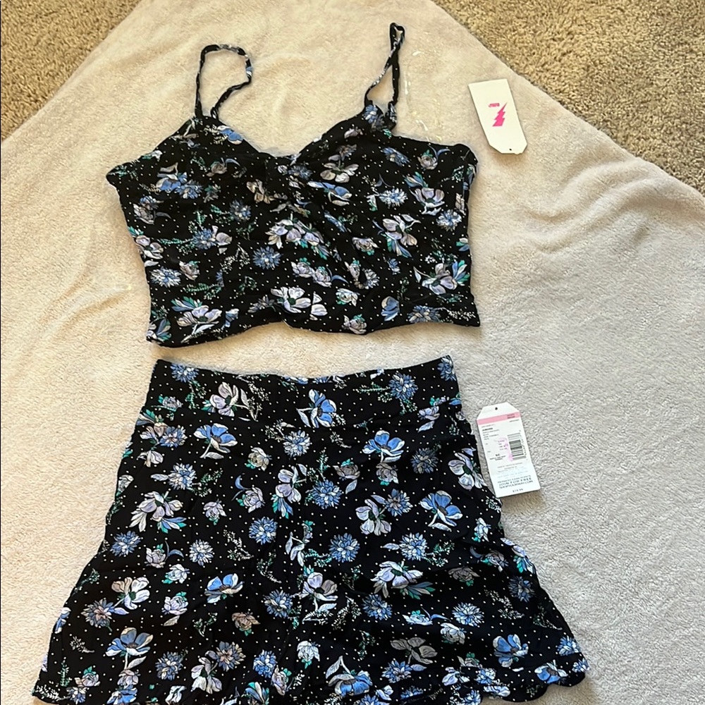 Floral Black and Blue Two-Piece Set